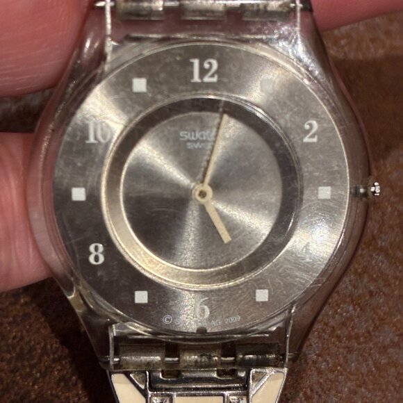 Swatch Watch Flat Silver Face with White Silver Band & Clasp - Picture 3 of 14